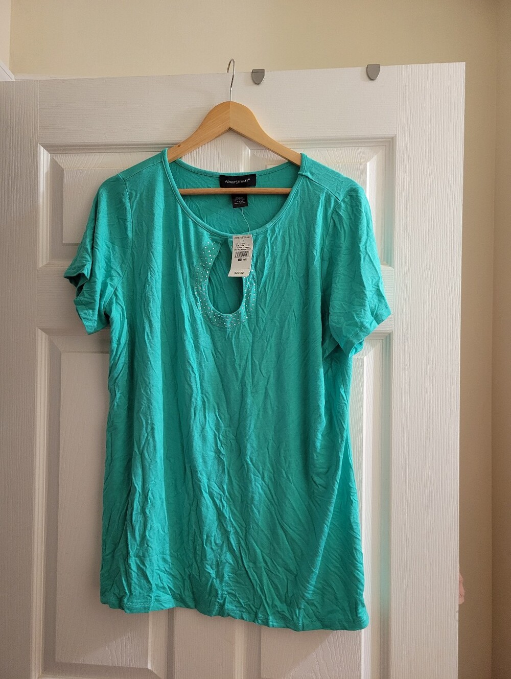 Ashley Stewart Teal Short Sleeve Keyhole Top with Rhinestone Detail